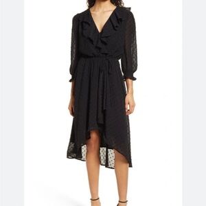 NWT Fraiche by J Black Swiss Dot Faux Wrap Asymmetrical Midi Dress Black
